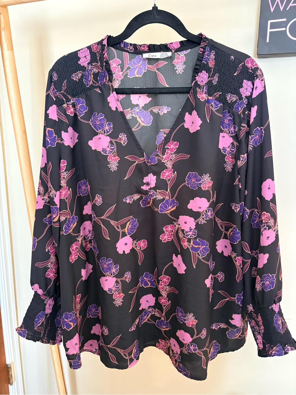 nwot - Black V-Neck Blouse with Pink & Purple Blooms